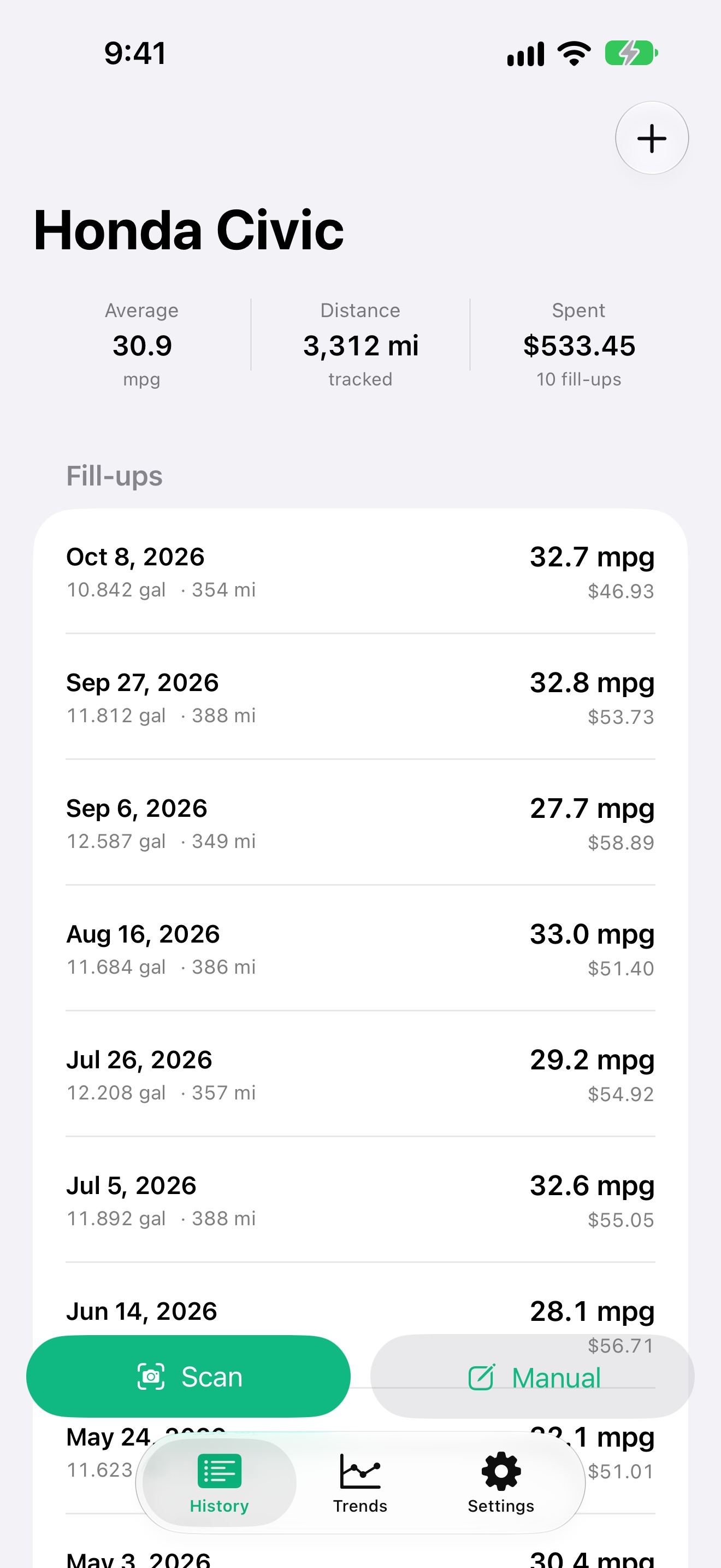 Fuel Log on iPhone, listing fill-ups and miles per gallon.